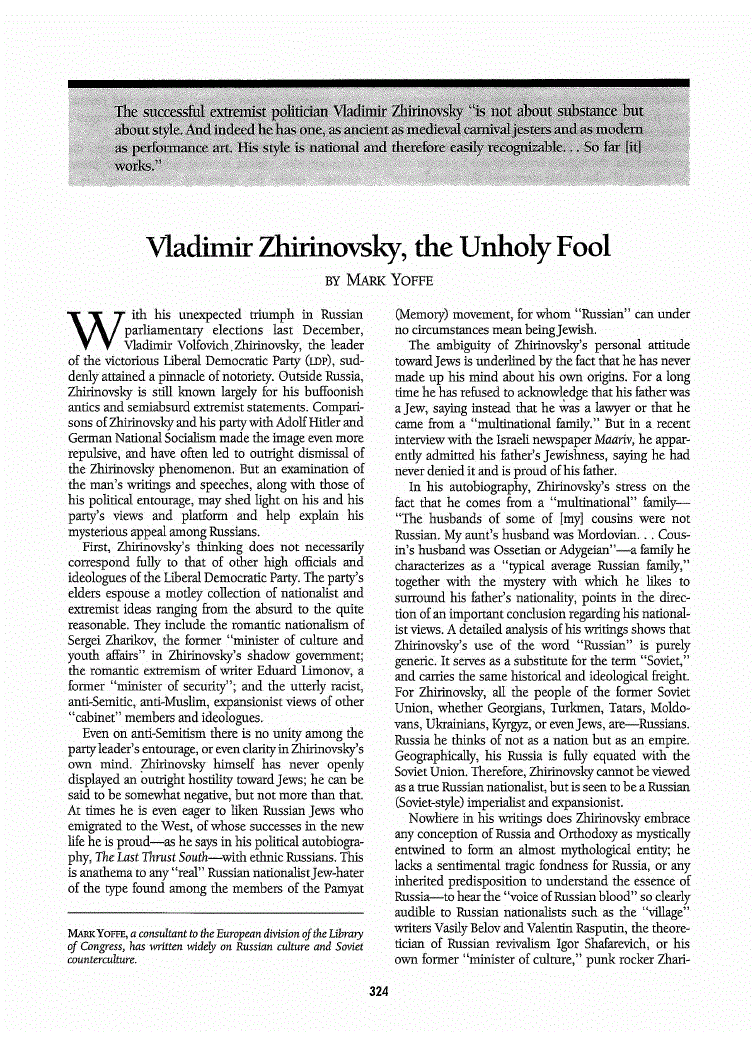 First page of Vladimir Zhirinovsky, the Unholy Fool