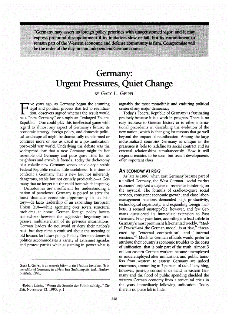 First page of Germany<subtitle>Urgent Pressures, Quiet Change</subtitle>
