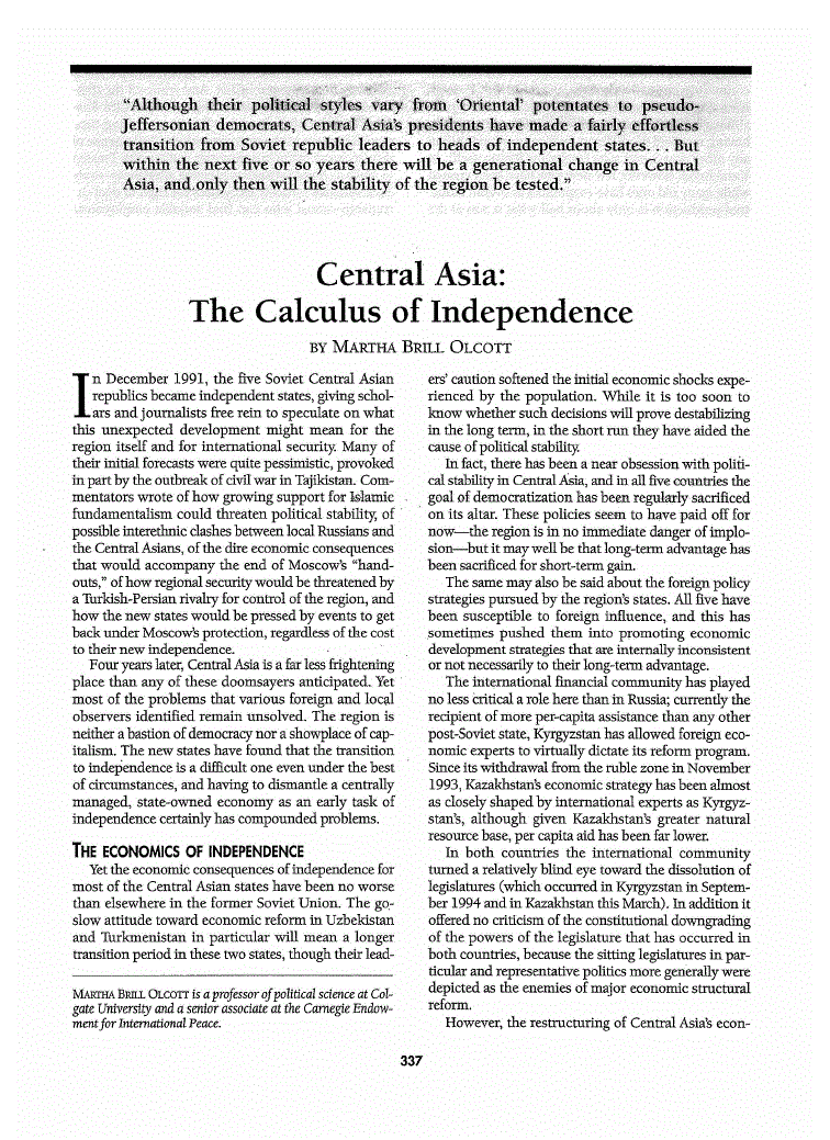 First page of Central Asia<subtitle>The Calculus of Independence</subtitle>