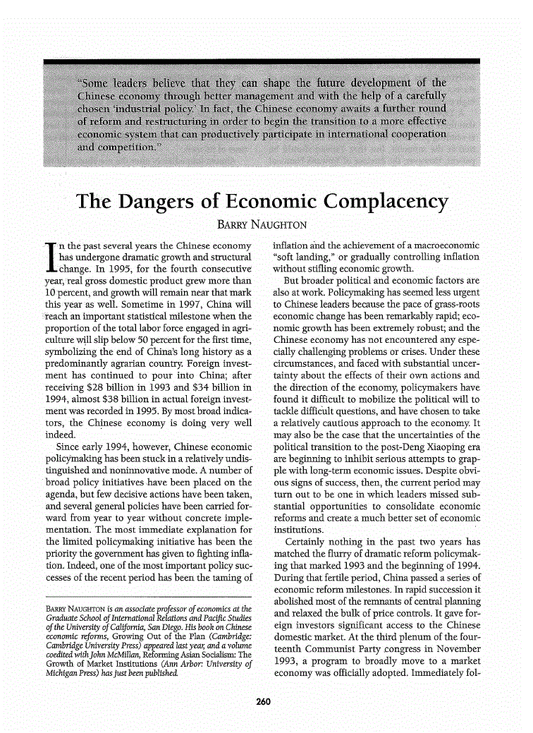 First page of The Dangers of Economic Complacency