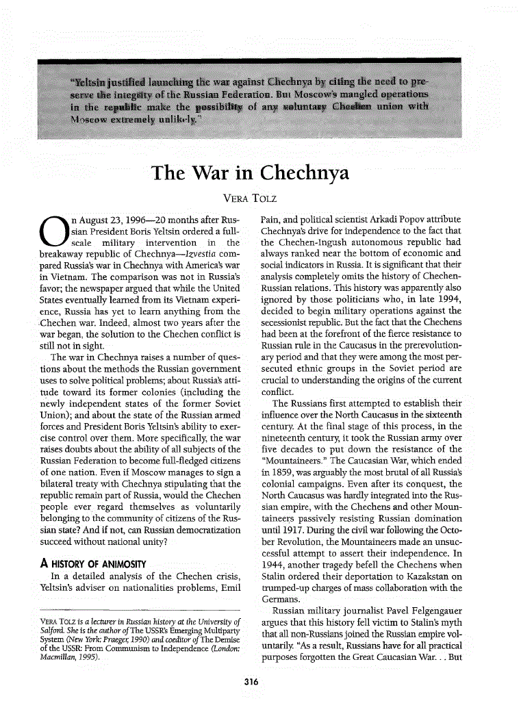 First page of The War in Chechnya
