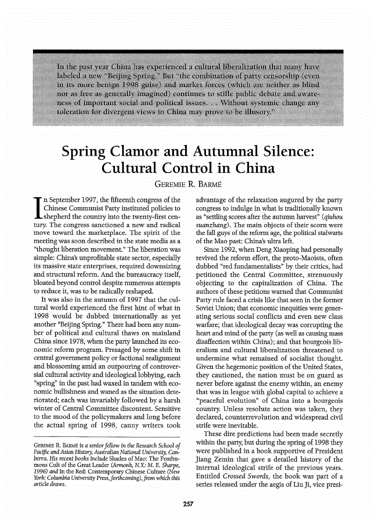 First page of Spring Clamor and Autumnal Silence<subtitle>Cultural Control in China</subtitle>