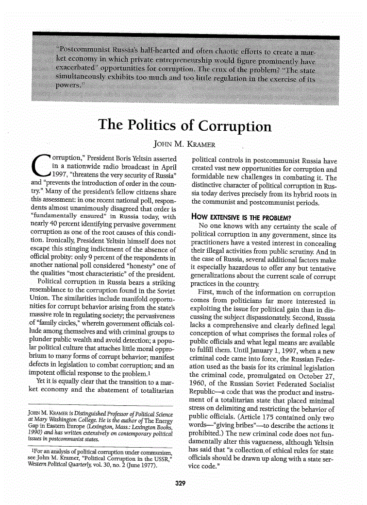 First page of The Politics of Corruption