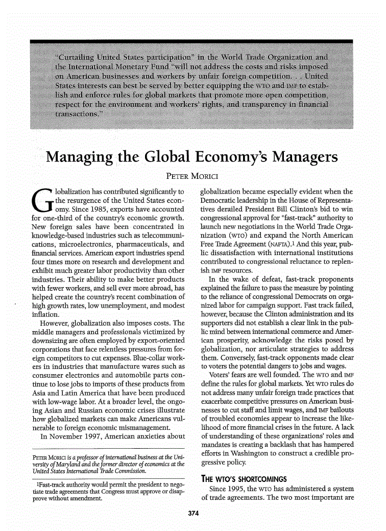 First page of Managing the Global Economy’s Managers