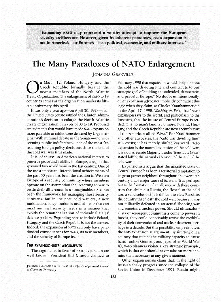 First page of The Many Paradoxes of NATO Enlargement