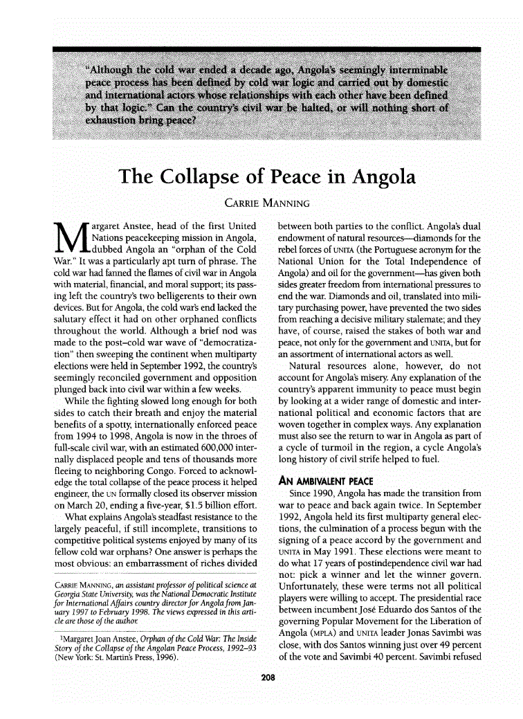 First page of The Collapse of Peace in Angola