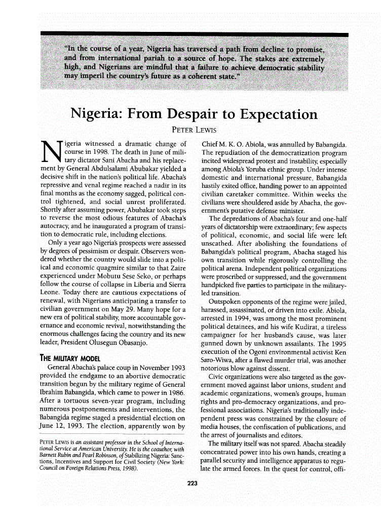 First page of Nigeria<subtitle>From Despair to Expectation</subtitle>