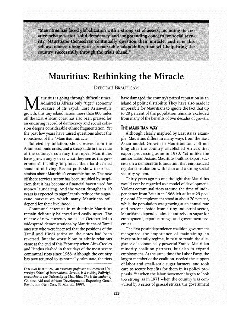 First page of Mauritius<subtitle>Rethinking the Miracle</subtitle>