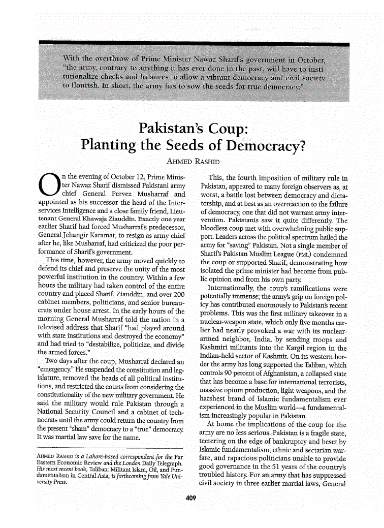 First page of Pakistan’s Coup<subtitle>Planting the Seeds of Democracy?</subtitle>
