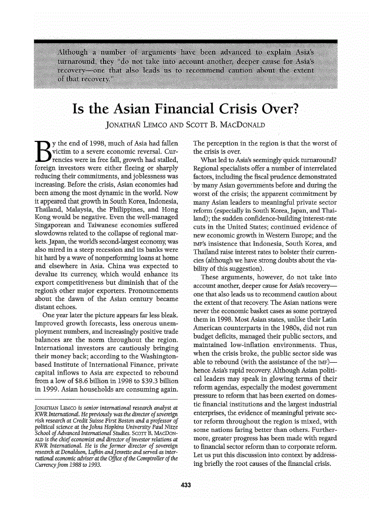 First page of Is the Asian Financial Crisis Over?