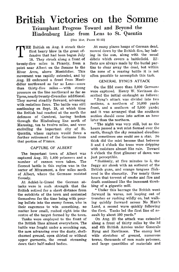 First page of British Victories on the Somme<subtitle>Triumphant Progress Toward and Beyond the Hindenburg Line from Lens to St. Quentin</subtitle>