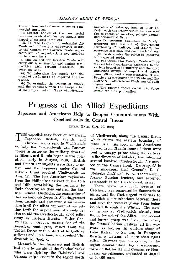 First page of Progress of the Allied Expeditions<subtitle>Japanese and Americans Help to Reopen Communications with Czechoslovaks in Central Russia</subtitle>