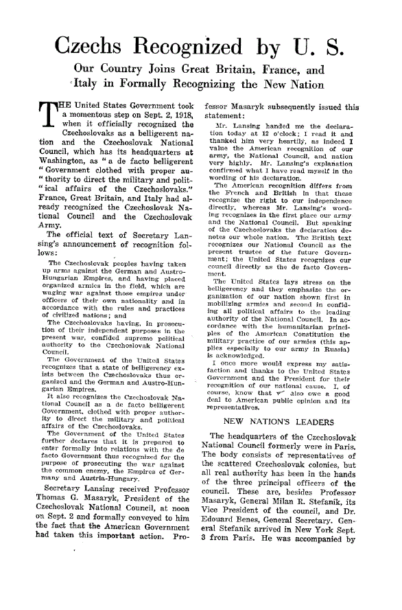 First page of Czechs Recognized by U. S.<subtitle>Our Country Joins Great Britain, France, and Italy in Formally Recognizing the New Nation</subtitle>
