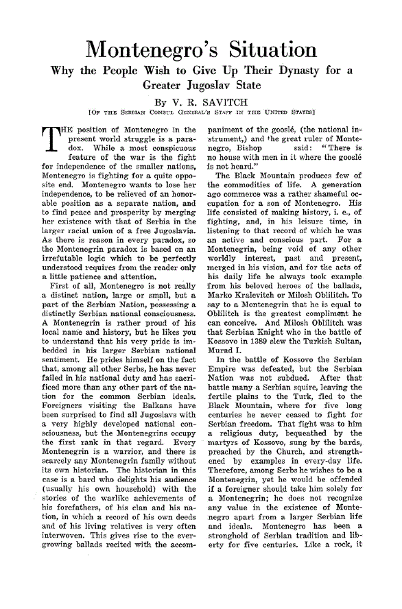 First page of Montenegro’s Situation<subtitle>Why the People Wish to Give Up their Dynasty for a Greater Jugoslav State</subtitle>