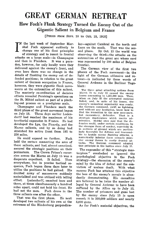 First page of Great German Retreat<subtitle>How Foch’s Flank Strategy Turned the Enemy Out of the Gigantic Salient in Belgium and France</subtitle>