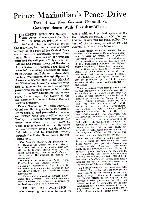First page of Prince Maximilian’s Peace Drive<subtitle>Text of the New German Chancellor’s Correspondence with President Wilson</subtitle>