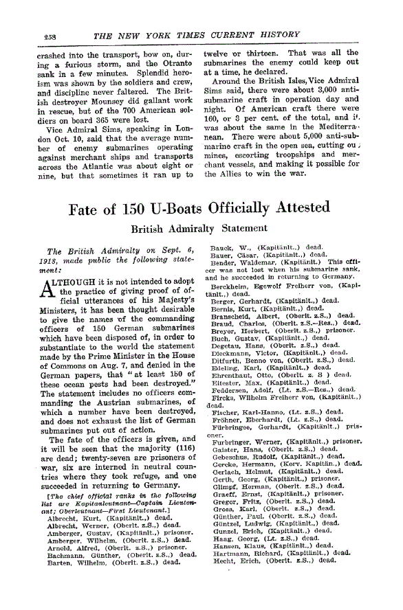 First page of Fate of 150 U-Boats Officially Attested<subtitle>British Admiralty Statement</subtitle>