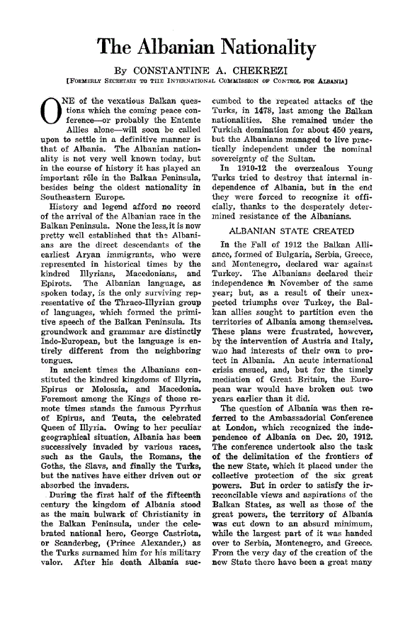 First page of The Albanian Nationality