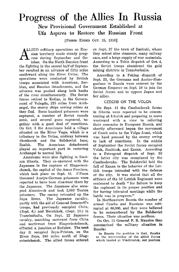 First page of Progress of the Allies in Russia<subtitle>New Provisional Government Established at Ufa Aspires to Restore the Russian Front</subtitle>