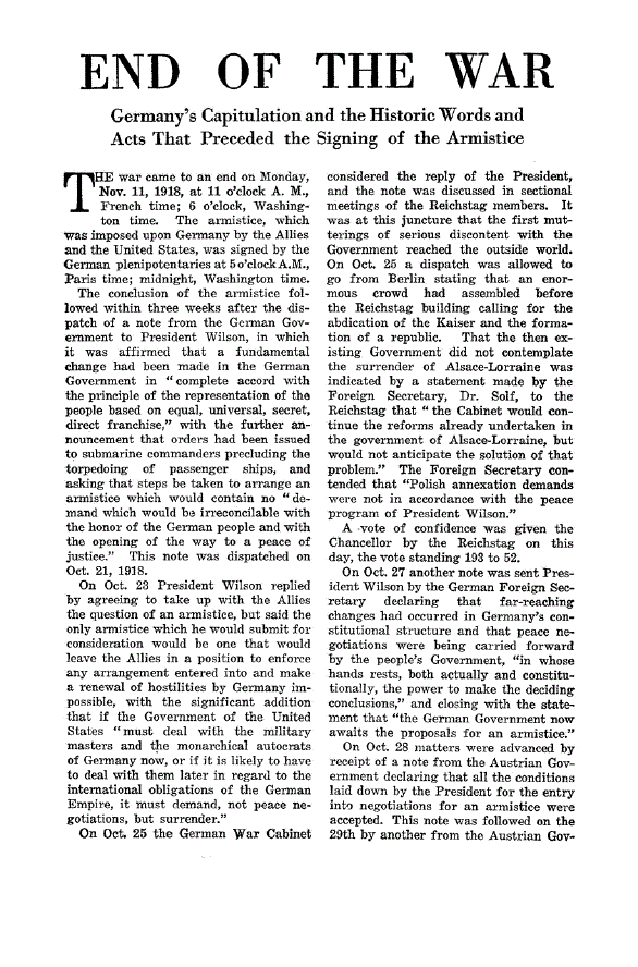 First page of End of the War<subtitle>Germany’s Capitulation and the Historic Words and Acts that Preceded the Signing of the Armistice</subtitle>