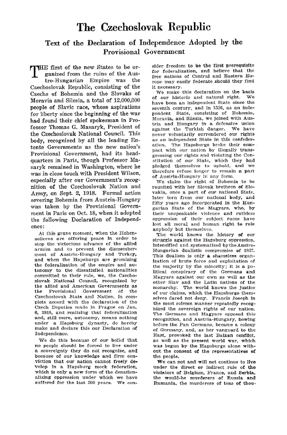 First page of The Czechoslovak Republic<subtitle>Text of the Declaration of Independence Adopted by the Provisional Government</subtitle>