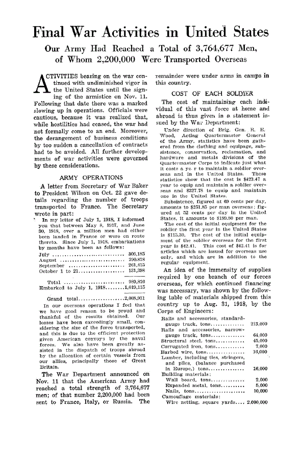 First page of Final War Activities in United States<subtitle>Our Army had Reached a Total of 3,764,677 Men, of whom 2,200,000 were Transported Overseas</subtitle>