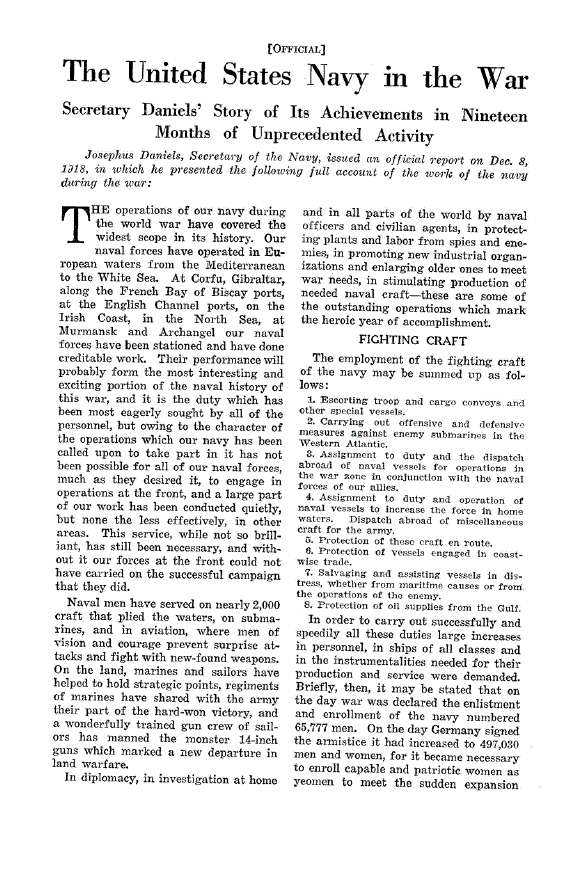 First page of The United States Navy in the War<subtitle>Secretary Daniels’ Story of Its Achievements in Nineteen Months of Unprecedented Activity</subtitle>