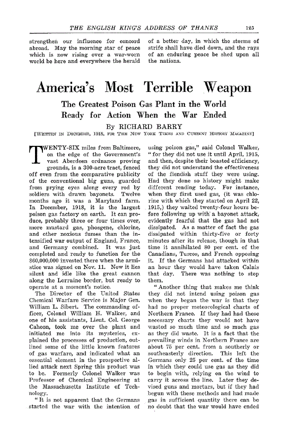 First page of America’s Most Terrible Weapon<subtitle>The Greatest Poison Gas Plant in the World Ready for Action When the War Ended</subtitle>