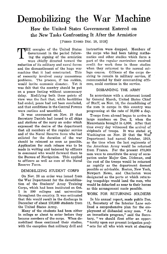 First page of Demobilizing the War Machine<subtitle>How the United States Government Entered on the New Tasks Confronting It After the Armistice</subtitle>