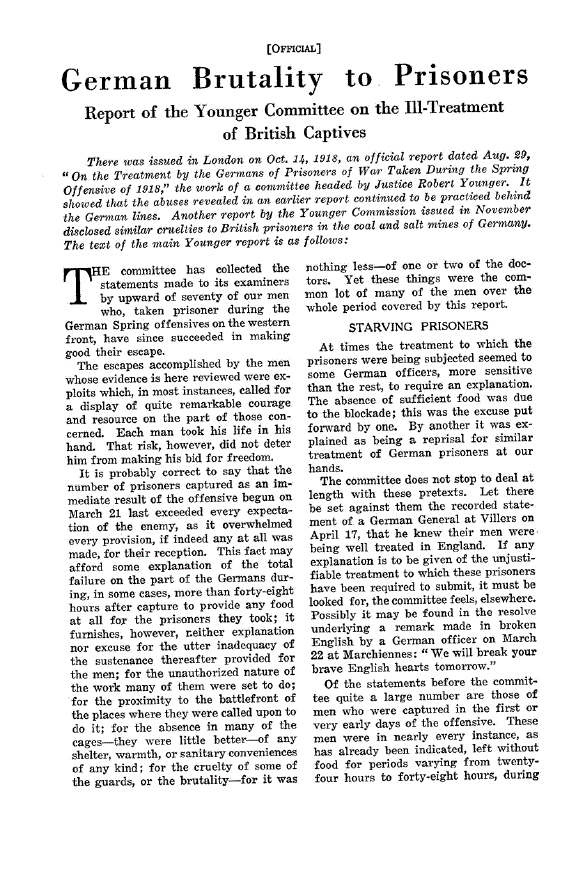 First page of German Brutality to Prisoners<subtitle>Report of the Younger Committee on the Ill-Treatment of British Captives</subtitle>