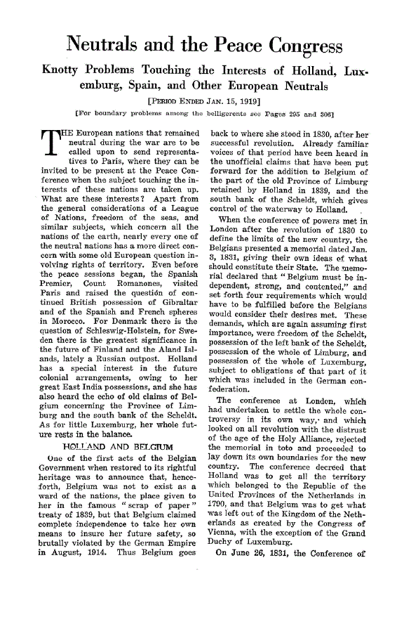 First page of Neutrals and the Peace Congress<subtitle>Knotty Problems Touching the Interests of Holland, Luxemburg, Spain, and Other European Neutrals</subtitle>