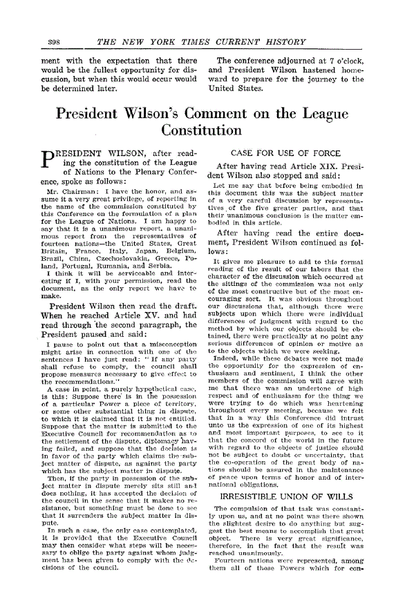 First page of President Wilson’s Comment on the League Constitution