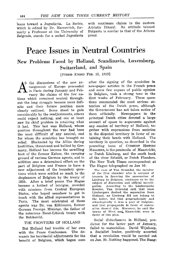 First page of Peace Issues in Neutral Countries<subtitle>New Problems Faced by Holland, Scandinavia, Luxemburg, Switzerland, and Spain</subtitle>