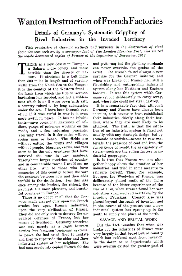 First page of Wanton Destruction of French Factories<subtitle>Details of Germany’s Systematic Crippling of Rival Industries in the Invaded Territory</subtitle>