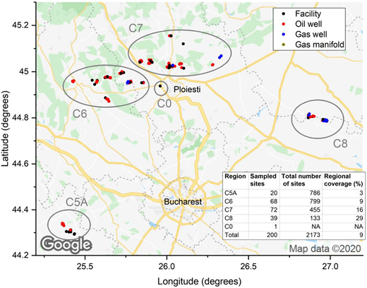 Location of the sampled sites grouped by region, as defined in the Romanian Methane Emission from Oil & Gas coordinated campaign. Sites in the area were grouped into 5 regions as shown on the map (Google ©). NA = not available. DOI: https://doi.org/10.1525/elementa.2021.000111.f1