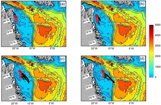 Calculated drift trajectories of virtual Arctic cod larvae originating in the Northeast Water Polynya. (a–d) Initial position of six particles (red circles) at different locations of the Northeast Water Polynya (a) near the coast, (b) on the inner shelf, (c) mid-shelf, and (d) on the outer shelf. Color scale showing the bathymetry from shallower (blue) to deeper (red) waters. Calculated particle tracks (black lines) between June 23, 2017 (the median estimated hatch date of Arctic cod collected during the study), and September 9, 2017 (last sampling day), using progressive vector diagrams calculated from daily surface currents from the CMEMS-TOPAZ Arctic Ocean Model (https://marine.copernicus.eu). DOI: https://doi.org/10.1525/elementa.2021.00038.f4