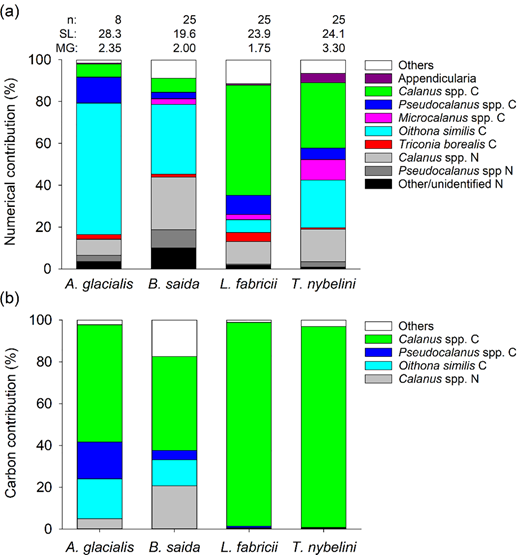 Diet composition of age-0 fish in the Greenland Sea in August–September 2017. Percent diet composition by (a) number and (b) carbon of different prey categories identified in the guts of Arctogadus glacialis, Boreogadus saida, Liparis fabricii and Triglops nybelini. C: copepodites, N: nauplii. Number of guts analyzed (n), average standard length (SL, in mm) and average mouth gape (MG, maximum gape height, in mm) indicated above each bar. The category “Other/unidentified N” includes Oithona similis/Triconia borealis nauplii, Metridia longa nauplii, Microcalanus spp. nauplii and unidentified copepod nauplii. The category “others” includes Amphipoda, Isopoda, Polychaeta, Limacina helicina, Metridia longa copepodites, Mormonilloida, Harpacticoida, unidentified copepods and unidentified copepod pieces in (a), and all the aforementioned taxa plus Appendicularia, Microcalanus spp. copepodites, Triconia borealis copepodites, Pseudocalanus spp. nauplii, and other/unidentified copepod spp. nauplii in (b). DOI: https://doi.org/10.1525/elementa.2021.00038.f5
