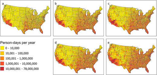 Person–days per year with a heat index above 100°F (37.8°C) for outdoor workers. (a) Historical period (1971–2000); (b) mid-century (2036–2065) for RCP4.5; (c) late century (2070–2099) for RCP4.5; (d) mid-century for RCP8.5; and (e) late century for RCP8.5. DOI: https://doi.org/10.1525/elementa.2021.00048.f2