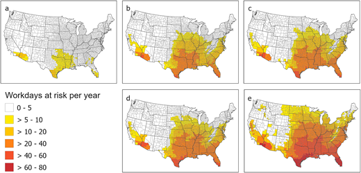 Workdays at risk per year due to extreme heat given normal work schedules and moderate workloads. (a) Historical period (1971–2000); (b) mid-century (2036–2065) for RCP4.5; (c) late century (2070–2099) for RCP4.5; (d) mid-century for RCP8.5; and (e) late century for RCP8.5. DOI: https://doi.org/10.1525/elementa.2021.00048.f3
