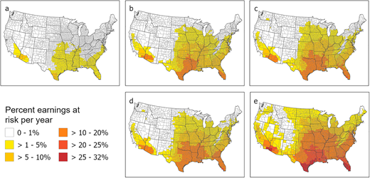 Percent of outdoor workers’ earnings at risk annually due to extreme heat. (a) Historical period (1971–2000); (b) mid-century (2036–2065) for RCP4.5; (c) late century (2070–2099) for RCP4.5; (d) mid-century for RCP8.5; and (e) late century for RCP8.5. DOI: https://doi.org/10.1525/elementa.2021.00048.f4
