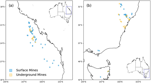 Locations of underground and surface coal mines in Australia identified in this study. Figure (a) shows the location of operating underground and surface coal mines in Queensland state and (b) in New South Wales, Victoria, and Tasmania state. DOI: https://doi.org/10.1525/elementa.2021.00056.f2