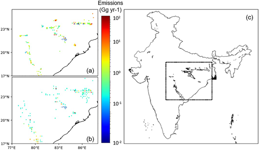 Gridded bottom-up coal mine methane emissions from central India. Gridded coal mine methane emissions from (a) this study using raw coal production and emission factors, (b) EDGARv4.3.2, and (c) coal deposits in India and area of interest (dotted-box). All the emissions are gridded on a spatial resolution of 0.1° × 0.1°. DOI: https://doi.org/10.1525/elementa.2021.00056.f3