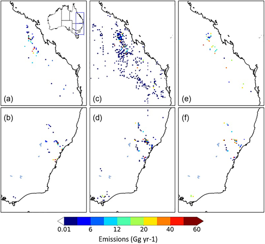 Comparison of bottom-up coal mine methane emissions from Australia. Figure a–b shows the gridded (0.1° × 0.1°) coal mine methane emissions from Queensland, New South Wales, and Victoria state from this study. Figure c–d shows the methane emissions from EDGARv4.3.2 for hard coal and brown coal. Figure e–f shows the methane emissions from EDGARv4.3.2 after removing the constant value (0.25) found in Figure c–d. DOI: https://doi.org/10.1525/elementa.2021.00056.f4
