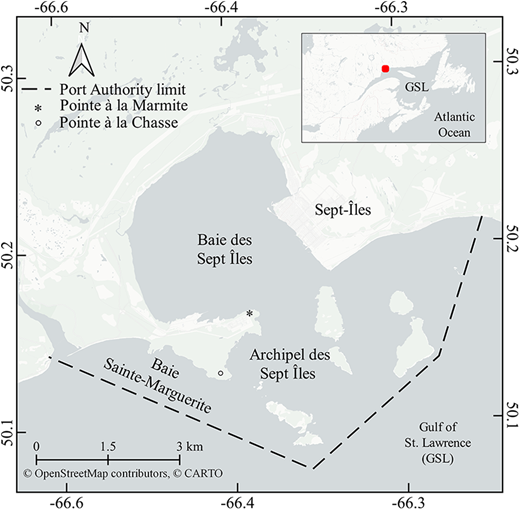 Map of Baie des Sept Îles and its complex. The inset map depicts the position of Baie des Sept Îles (red dot) relative to the North American Atlantic coast and Gulf of St. Lawrence. DOI: https://doi.org/10.1525/elementa.2021.00061.f2