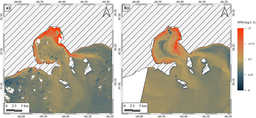 Remote sensing of suspended particulate matter estimation. Example using a regionally tuned algorithm (Mabit et al., 2022) for images acquired with the Sentinel-2A satellite on (a) September 12, 2016, and (b) May 17, 2017. DOI: https://doi.org/10.1525/elementa.2021.00061.f4