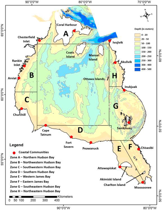 Study area. Map of the Hudson Bay and James Bay showing the 15 coastal locations/communities for which the fast ice was characterized. The study area was divided into eight zones (labeled from A to H) based on the similarity in their ice regimes and coast type. DOI: https://doi.org/10.1525/elementa.2021.00073.f1