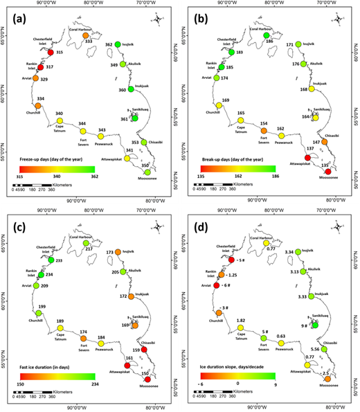 Variations in the fast-ice regime observed across the study area. The average day of the year of fast-ice (a) freeze-up and (b) break-up at 15 communities in Hudson Bay and James Bay, along with the (c) average duration of fast ice in days over the 2000–2019 time period. The linear trend in fast-ice duration over the 19 ice seasons is shown in (d), where “#” represents statistically significant trends (p < 0.05). DOI: https://doi.org/10.1525/elementa.2021.00073.f2