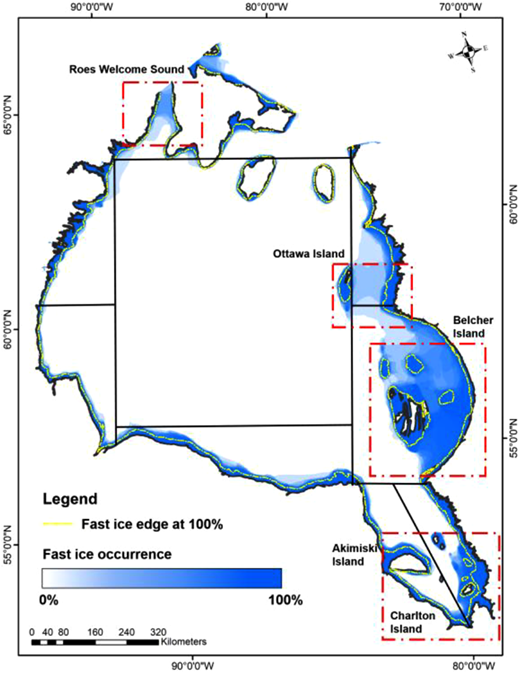 Occurrence of fast ice along the Hudson Bay and James Bay region (2000–2001 to 2018–2019). The scale in blue defines the occurrence of fast-ice cover forming along the coastline on a scale of 0–100% frequency of occurrence. The yellow line represents the zone where the fast-ice edge had an occurrence level of 100%. Zones highlighted with dashed boxes represent the areas where ice bridges occurred. DOI: https://doi.org/10.1525/elementa.2021.00073.f5