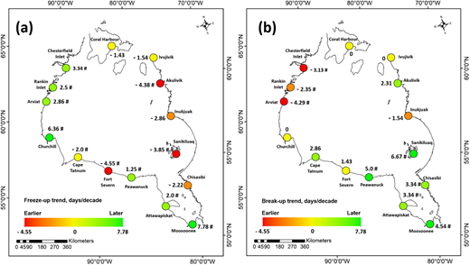 Fast-ice freeze-up and break-up variations observed across the study area. Fast-ice (a) freeze-up and (b) break-up trends across Hudson Bay and James Bay over the 2000–2019 period, where “#” represents statistically significant trends (p < 0.05). DOI: https://doi.org/10.1525/elementa.2021.00073.f7