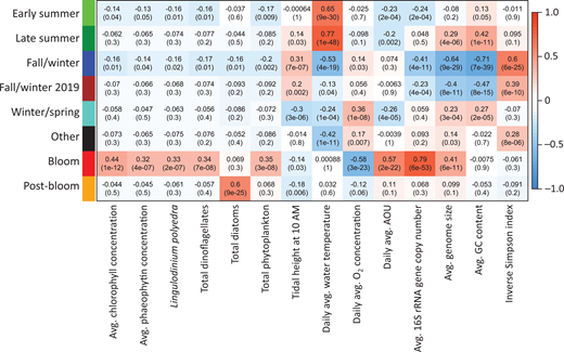 Pearson correlation coefficients for each microbial subnetwork and the measured environmental variables. Pearson correlation coefficients for each microbial subnetwork, determined by weighted gene correlation network analysis (shown on the vertical axis), and measured environmental variables (shown on the horizontal axis). The 8 subnetworks are color-coded on the left axis (top to bottom): early-summer (light green), late-summer (dark green), fall/winter (blue), fall/winter 2019 (brown), winter/spring (light blue), other (black), bloom (red), and post-bloom (orange). The first principal component of each subnetwork’s abundance profile (based on Hellinger-transformed relative abundances) was related to environmental and ecological variables when the time series overlapped. Positive Pearson relationships are shown in red and negative in blue, with a color bar ranging from –1 to 1 on the right for reference. In each cell, the top number is Pearson’s r and the number in the parentheses is the p-value.